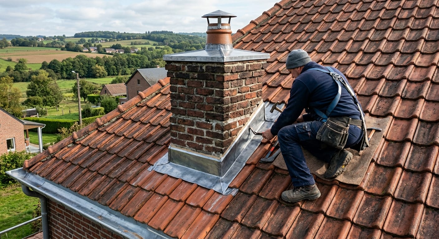 Détail d'un toit résidentiel en tuiles avec solin de cheminée rénové par un couvreur en Wallonie